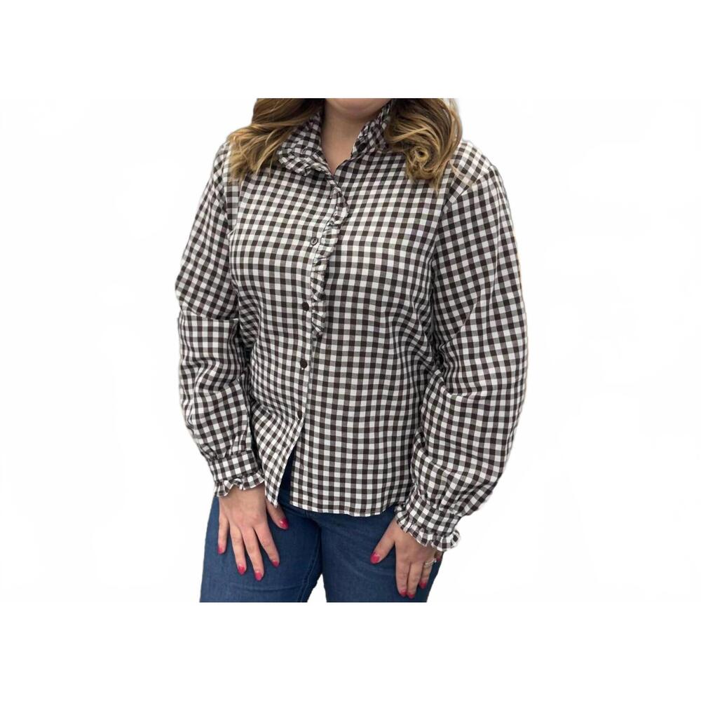NEW ROSA CLOTHING gingham check plaid ruffled detail blouse in coffee bean